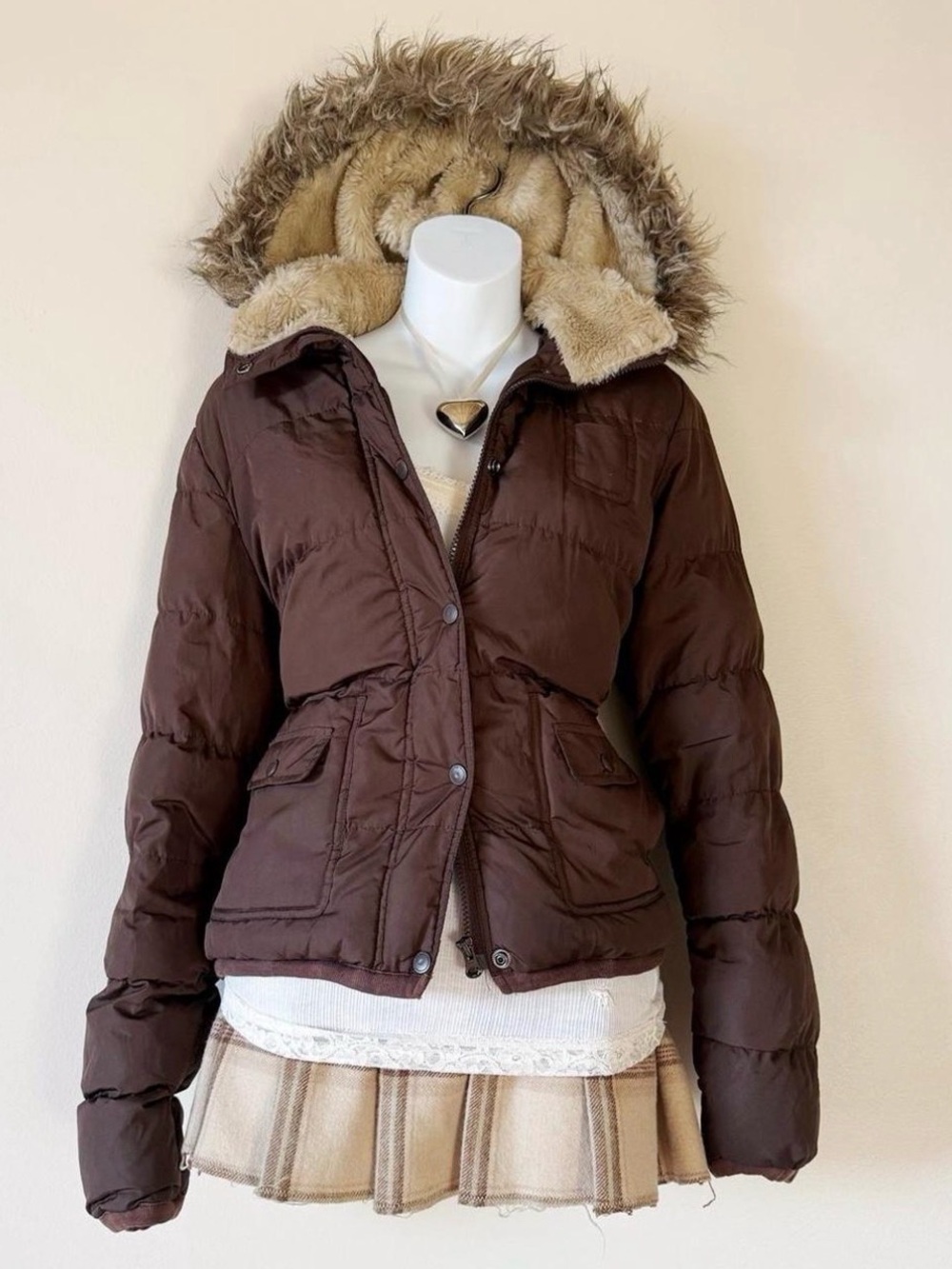 Aeropostale Brown Faux-Fur Trim Hooded Puffer Jacket